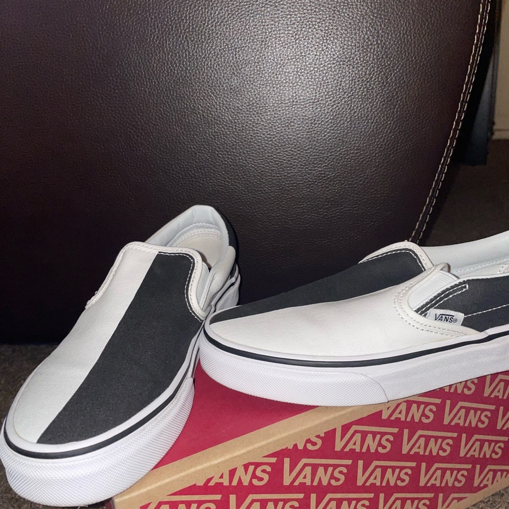 Vans, Men 5.5, Women 7.0, Black and white slip ons